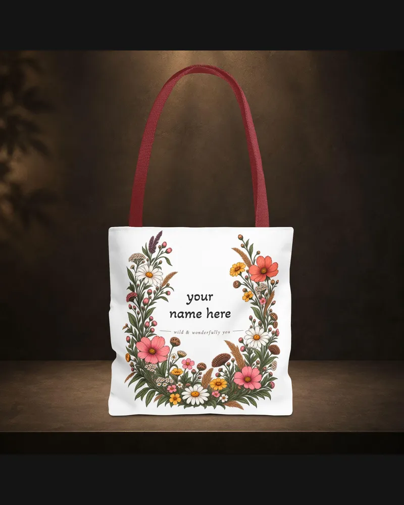 Floral Wreath Name Tote Bag